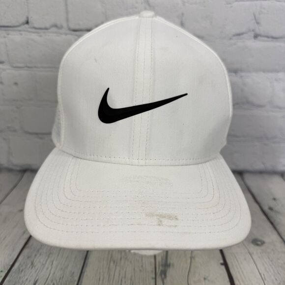 Nike Pro Dri Fit Hat Cap Strap Back White Black Swoosh Mens One Size Golf Preppy - Picture 1 of 11